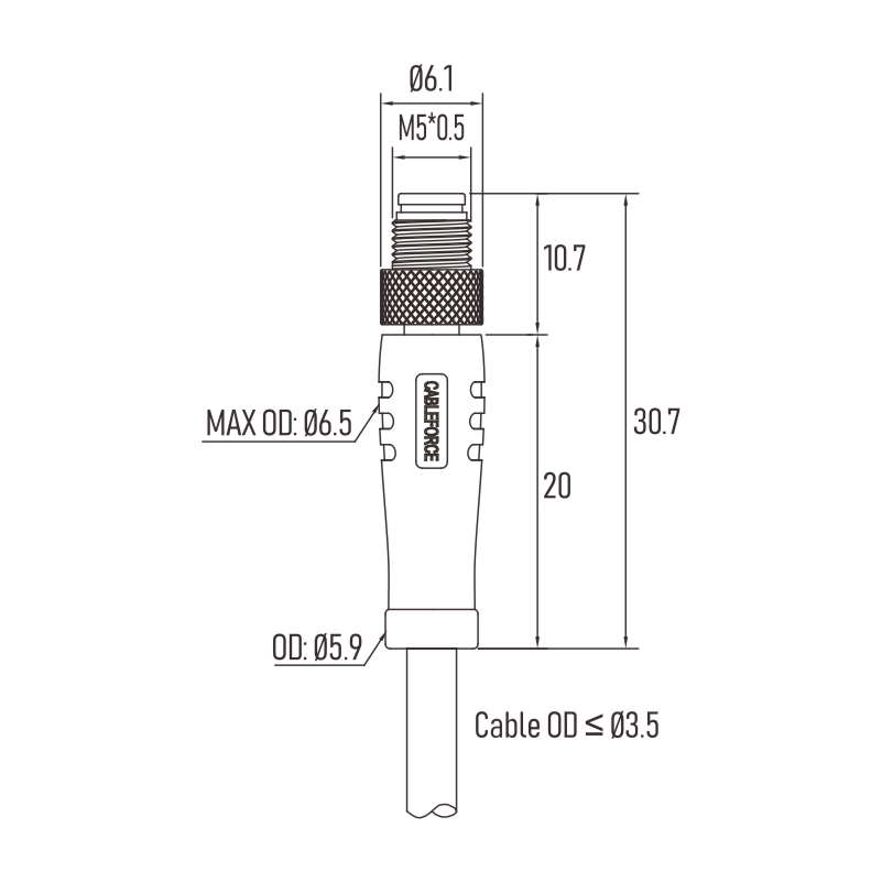 M5 A-Coding Male Straight Molding Cable Plug, 3-Pin - Dimensions